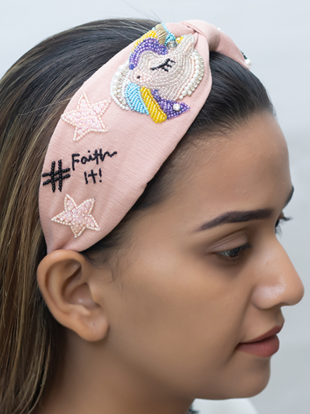 

Elaa Women Pink Jersey With Embroidery-Unicorn Hairband