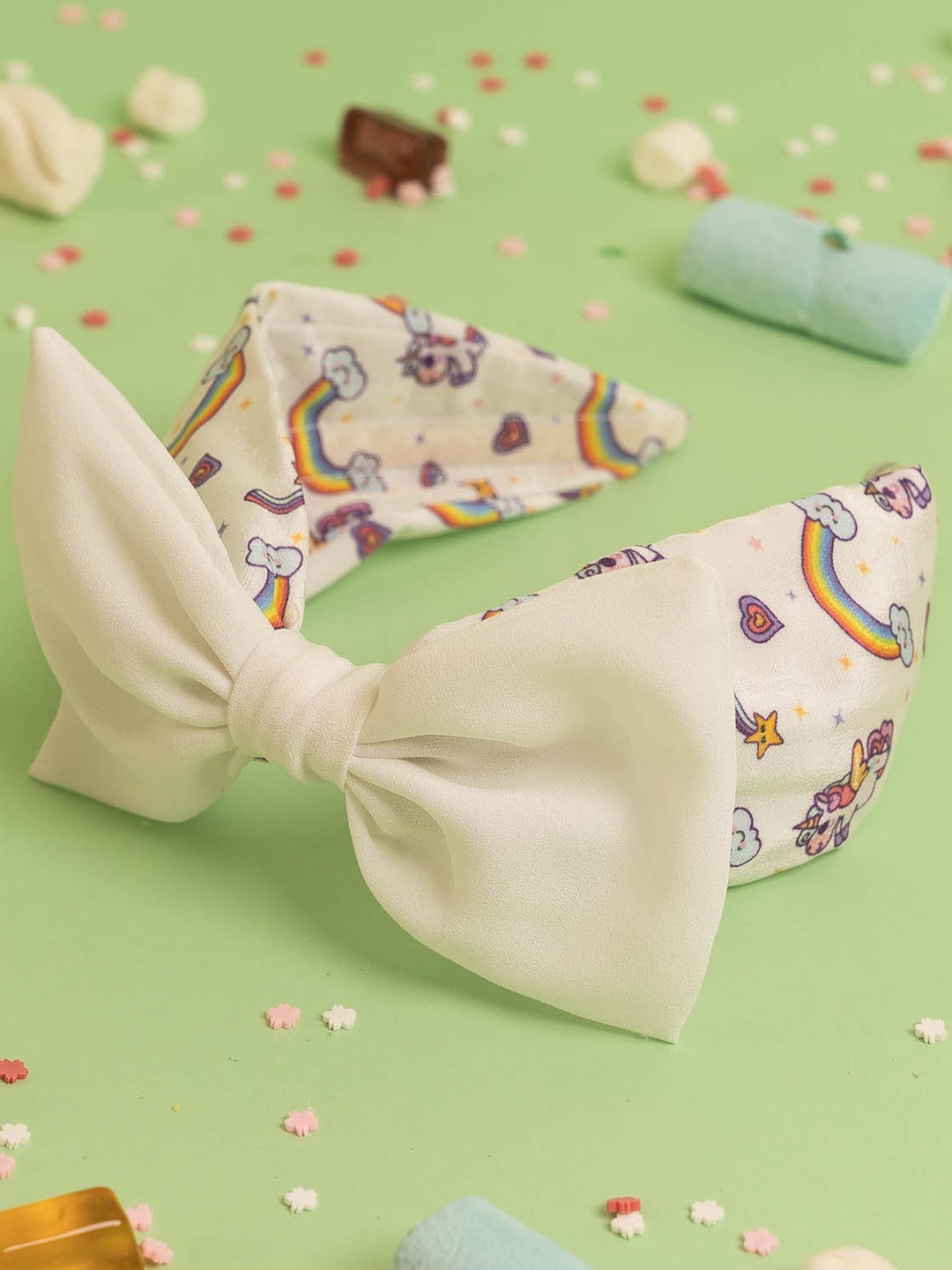 

Elaa Girls White Ivory Unicorn Print Crepe Hairband