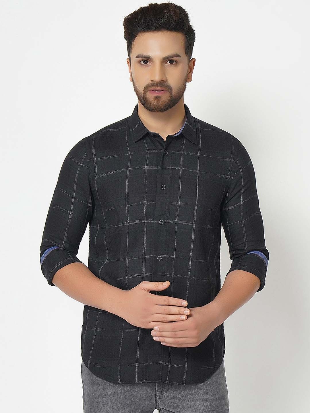 

Blackberrys Men Black Slim Fit Windowpane Checks Opaque Checked Casual Shirt