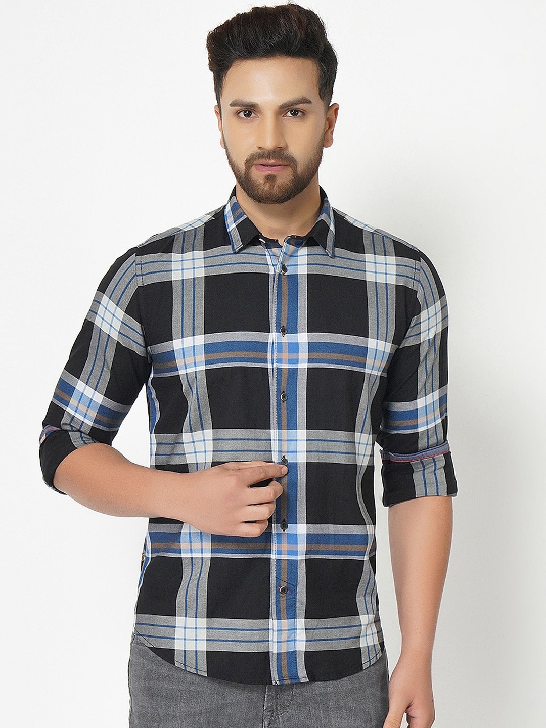

Blackberrys Men Black & Blue India Slim Fit Tartan Checked Casual Shirt