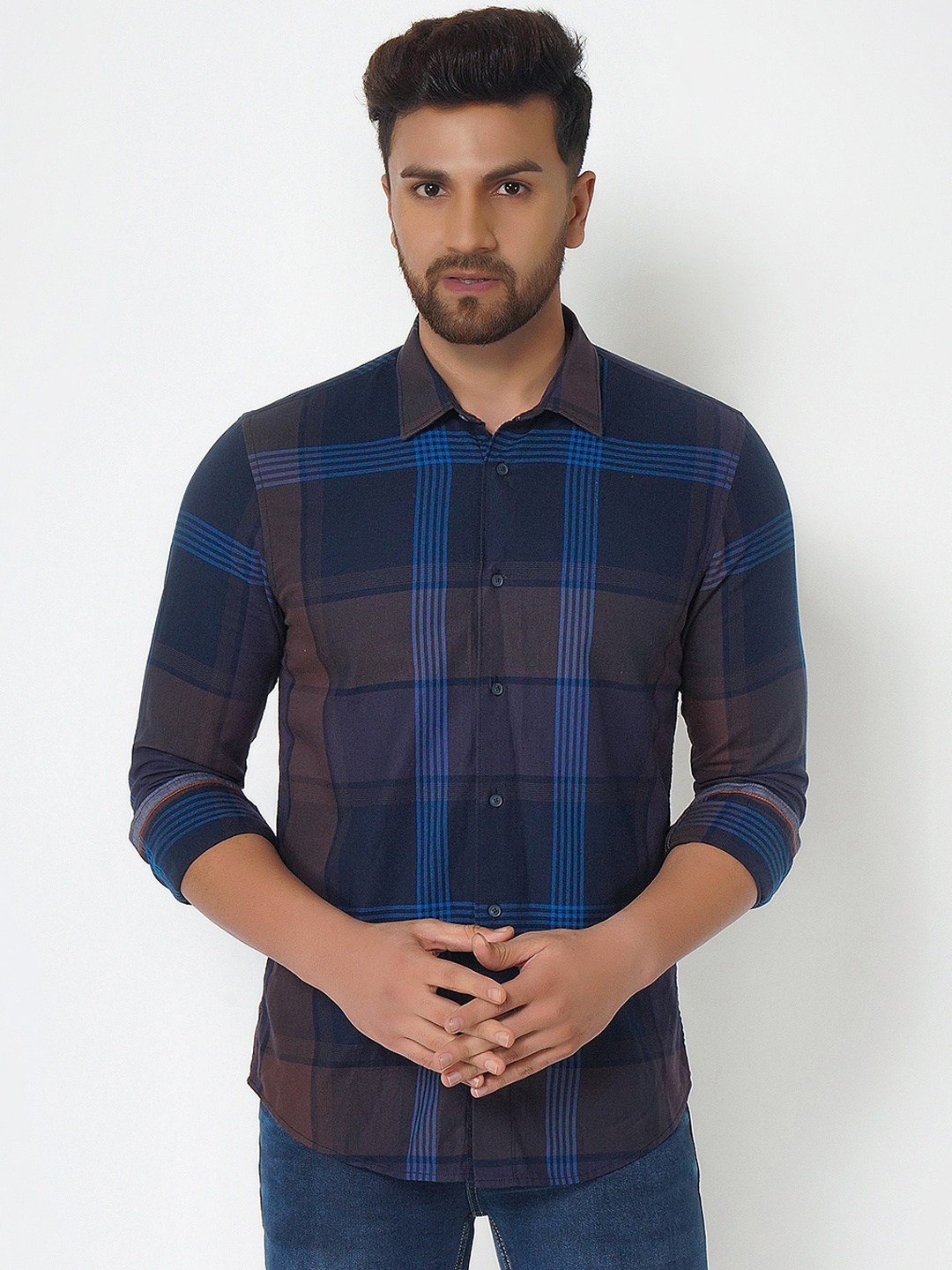 

Blackberrys Men Navy Blue Slim Fit Tartan Checks Opaque Checked Casual Shirt