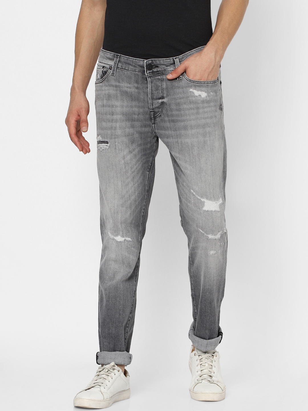 

Jack & Jones Men Grey Slim Fit Low-Rise Mildly Distressed Heavy Fade Jeans