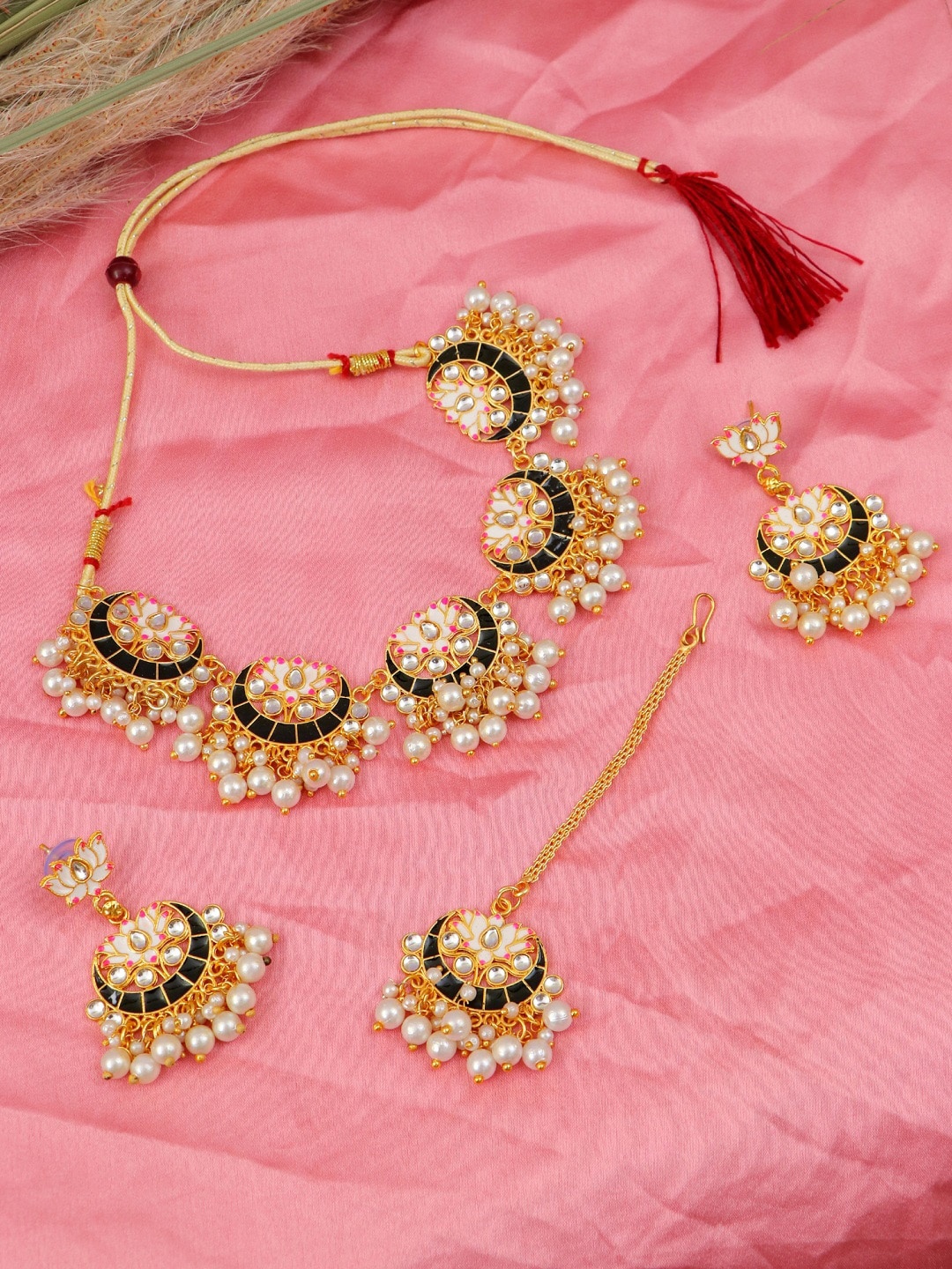 

Crunchy Fashion Gold-Plated Black & White Stone-Studded & Beaded Meenakari Jewellery Set