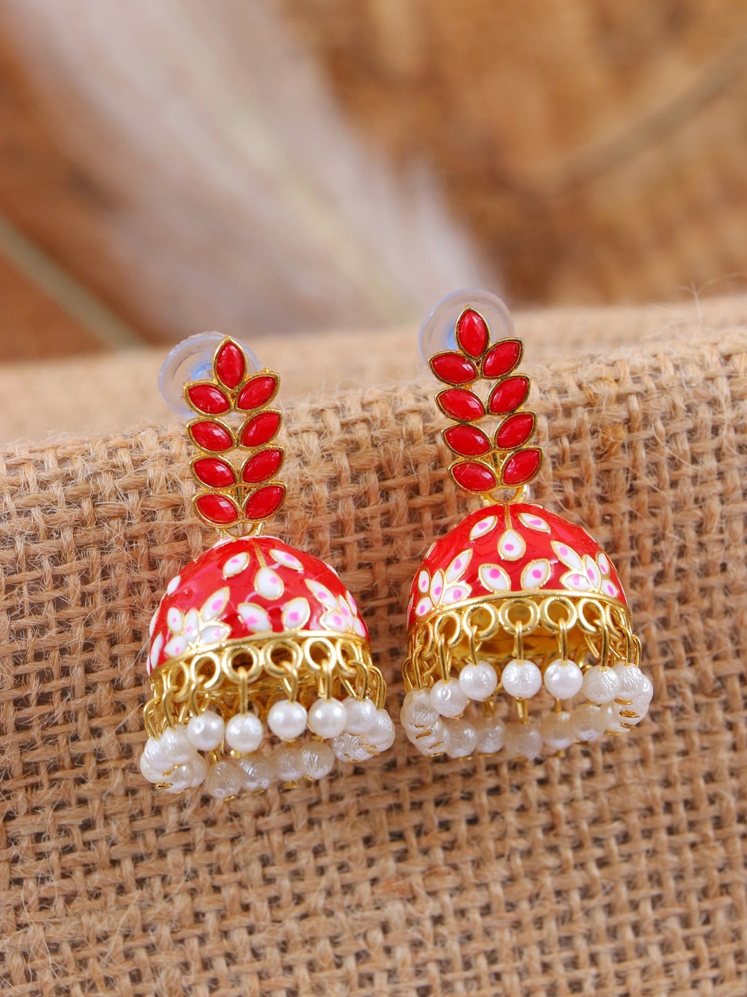 

Crunchy Fashion Red Gold-Plated Dome Shaped Meenakari Jhumkas