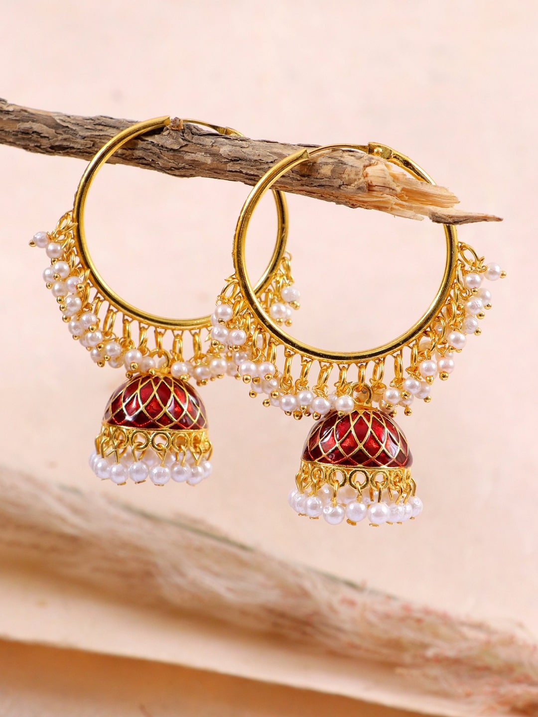 

Crunchy Fashion Gold-Plated & Maroon Meenakari Dome Shaped Jhumkas