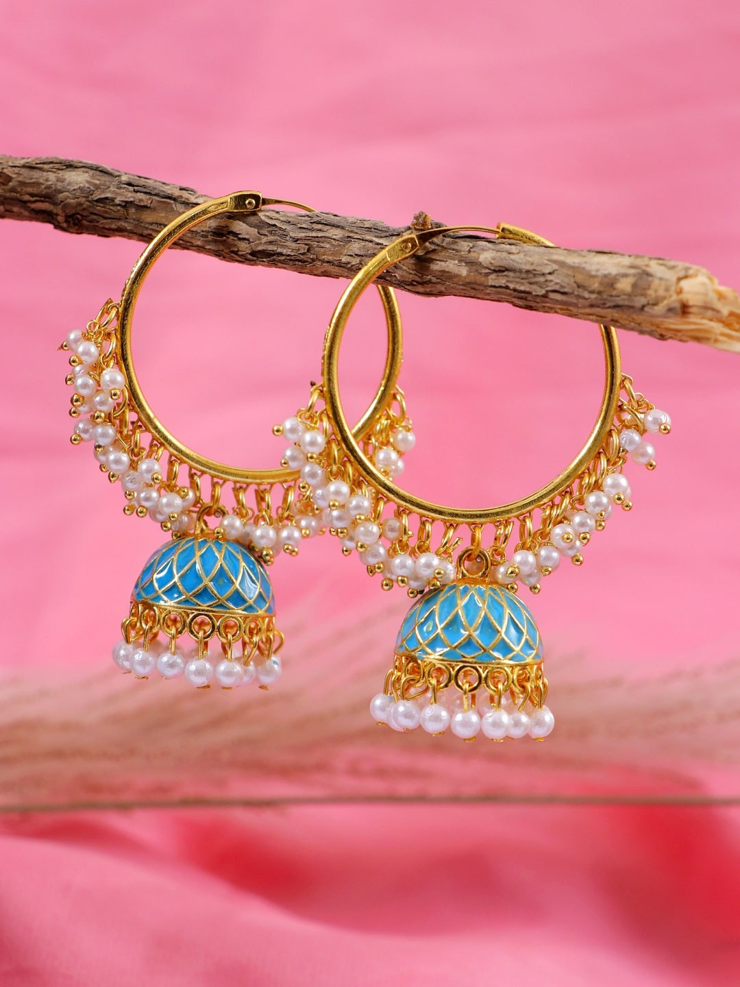 

Crunchy Fashion Blue & Gold-Toned Dome Shaped Hoop Earrings