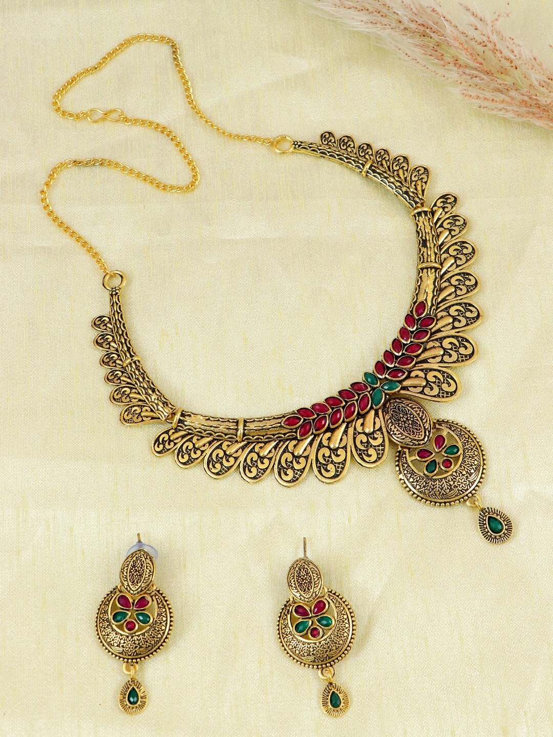 

Crunchy Fashion Gold-Plated & Red Stone Studded Jewellery Set