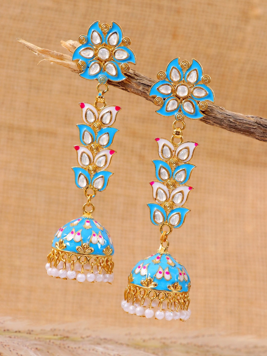 

Crunchy Fashion Blue Gold-Plated Contemporary Meenakari Jhumkas