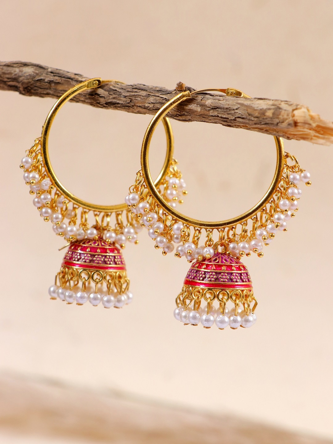 

Crunchy Fashion Gold-Plated & Red Dome Shaped Jhumkas Earrings