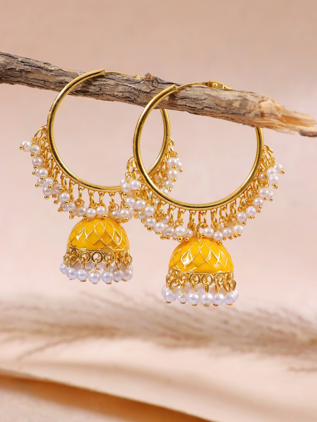 

Crunchy Fashion Yellow & Gold-Plated Classic Jhumkas Earrings