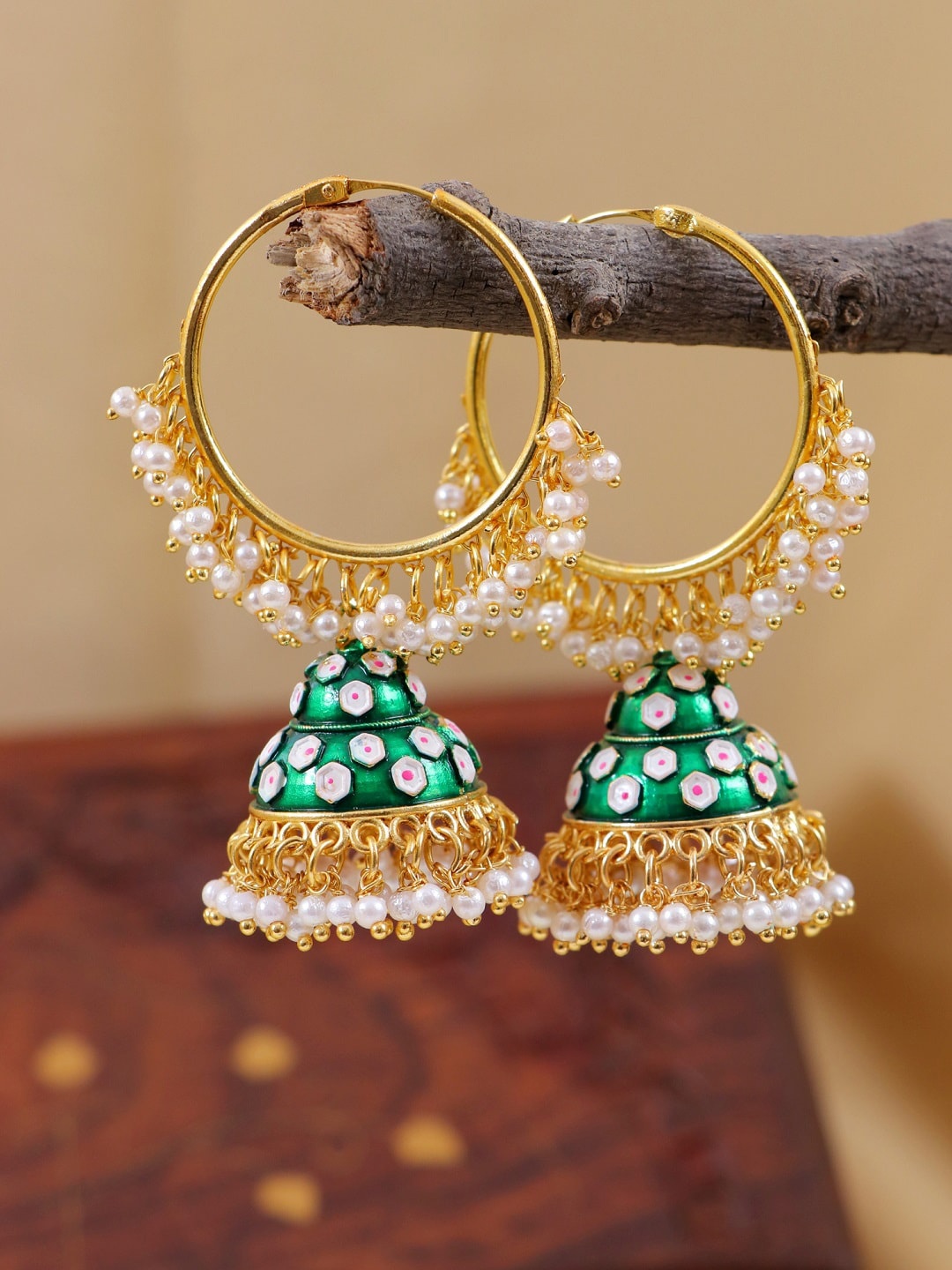 

Crunchy Fashion Green & Gold-Plated Handcrafted Dome Shaped Jhumkas