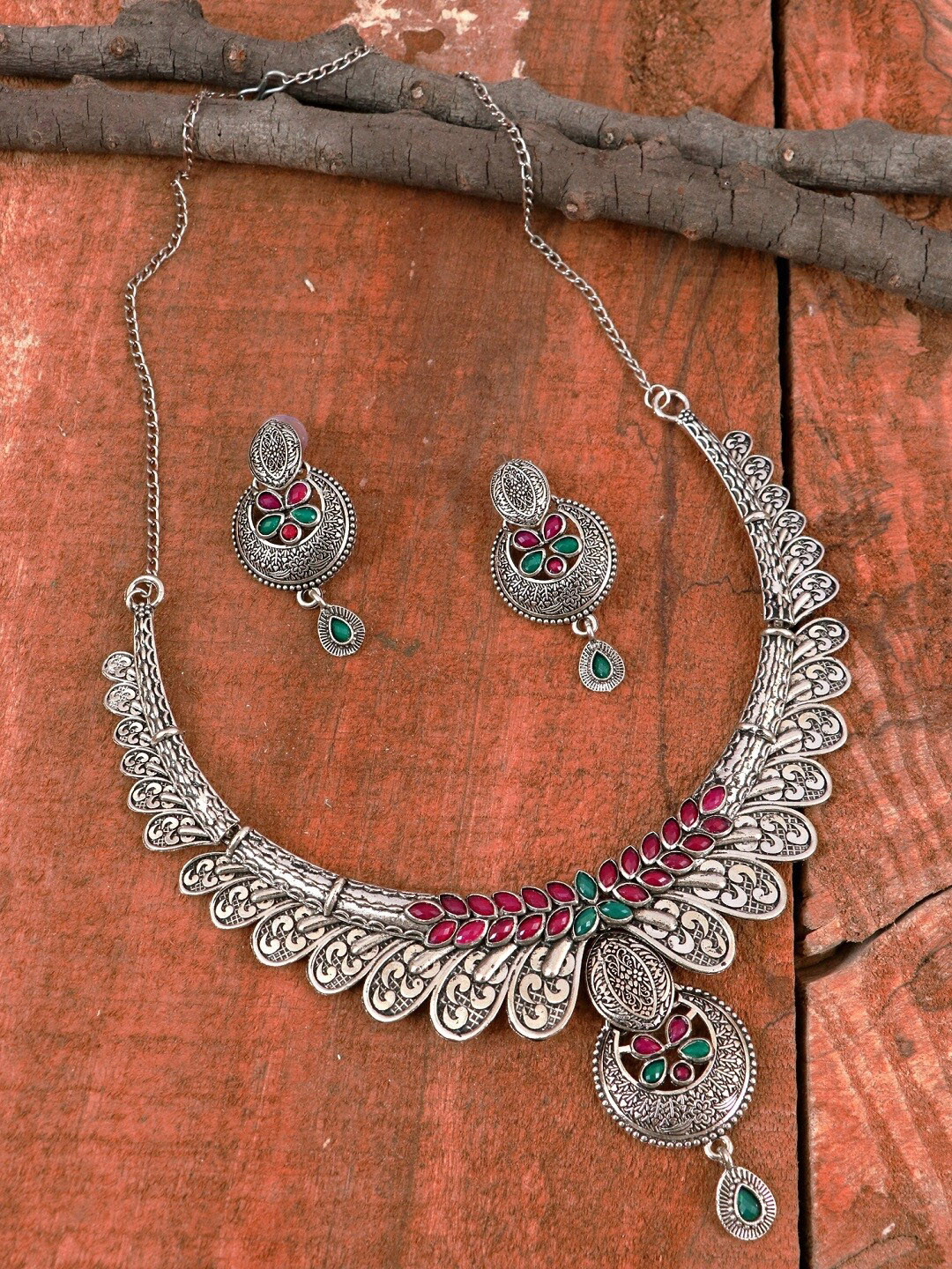 

Crunchy Fashion Silver-Plated Pink & Green Stone-Studded Antique Jewellery Set