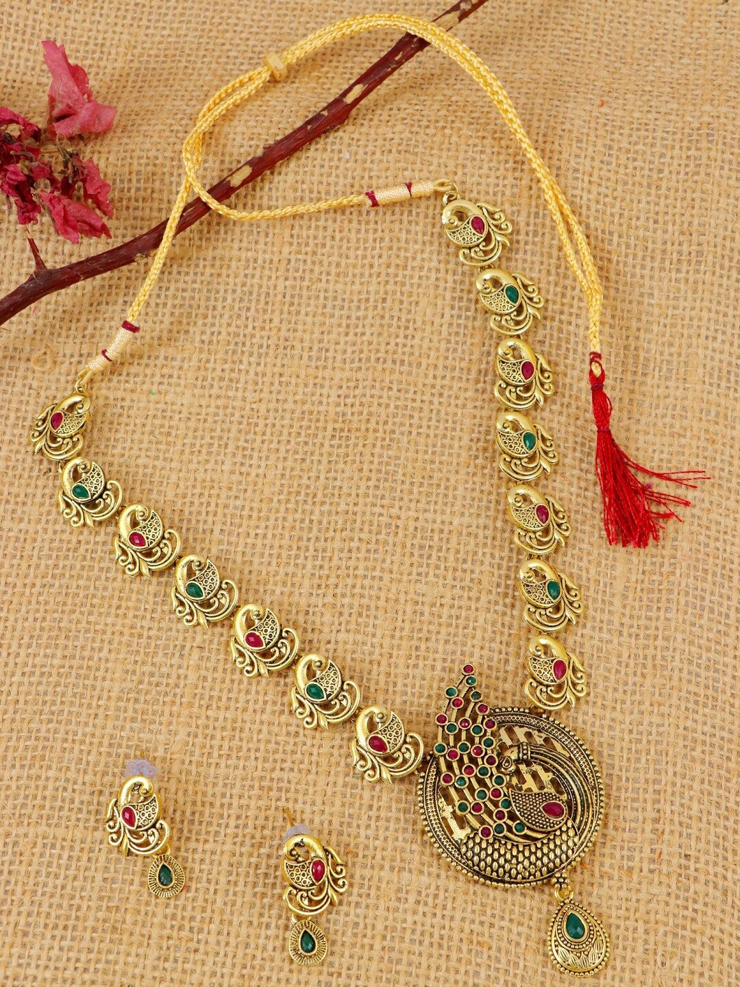 

Crunchy Fashion Gold-Plated Red & Green Stone-Studded Antique Jewellery Set