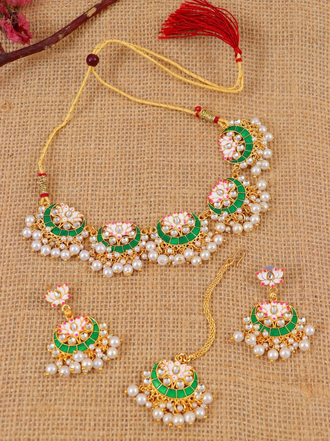 

Crunchy Fashion Gold-Plated & Green Meenakari Handcrafted Jewellery Set