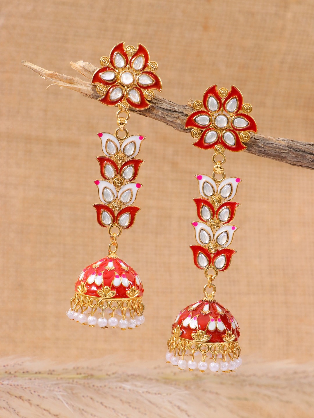 

Crunchy Fashion Red & White Gold-Plated Contemporary Drop Earrings