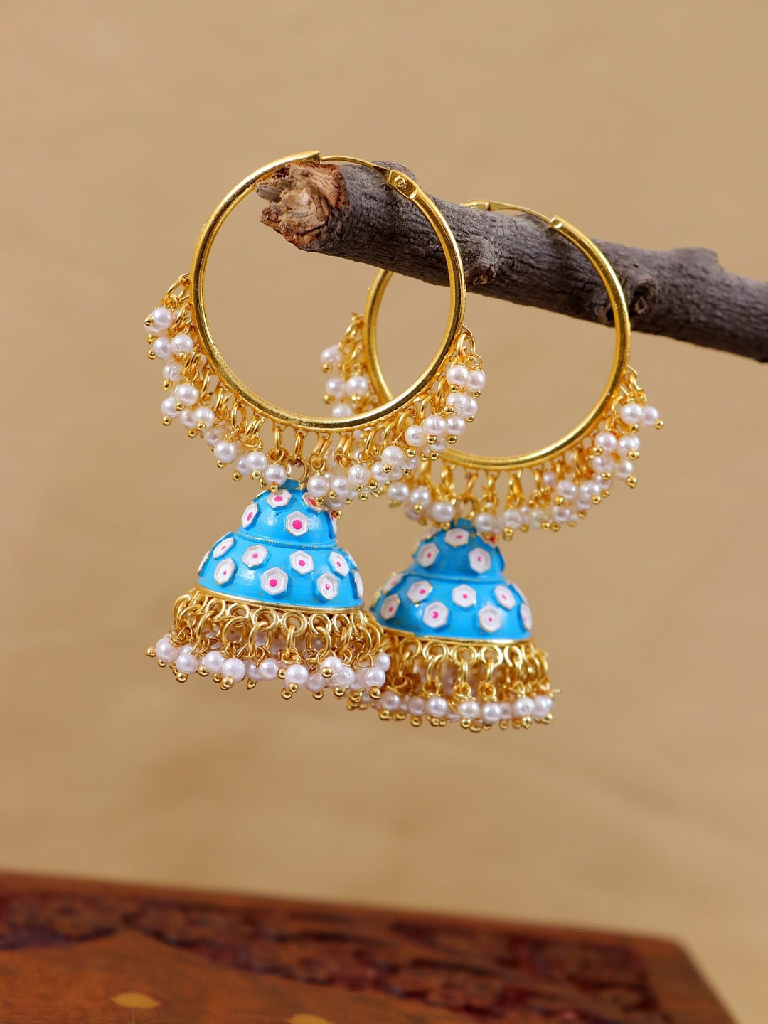 

Crunchy Fashion Gold-Plated & Blue Meenakari Dome Shaped Jhumkas