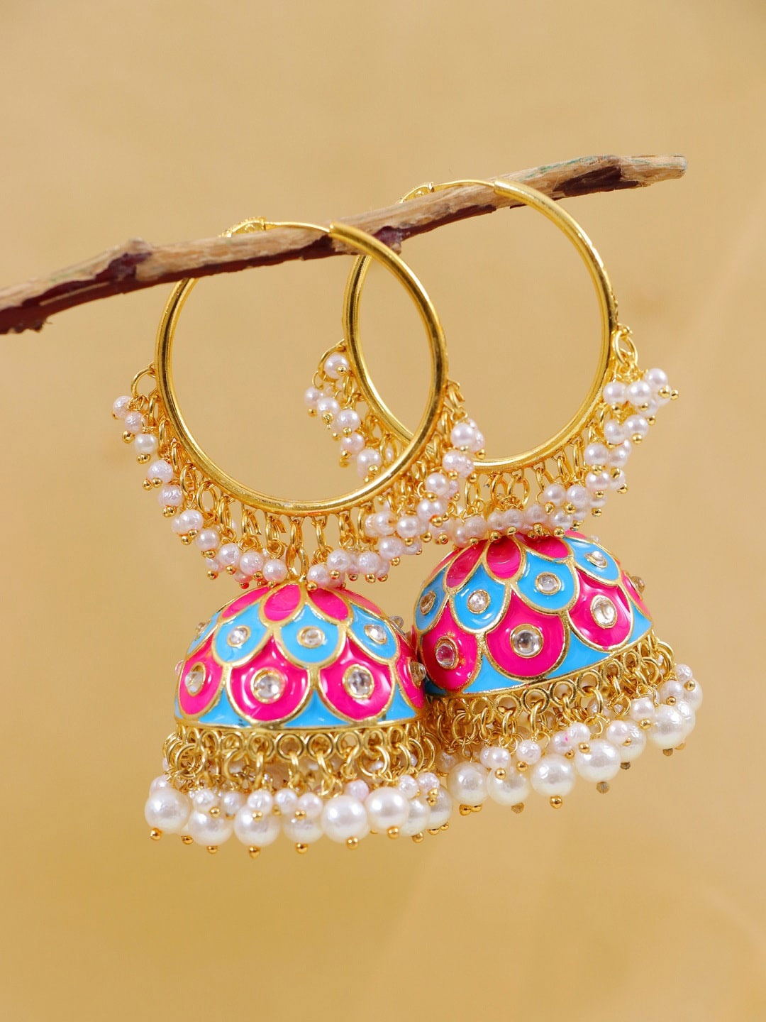 

Crunchy Fashion Gold-Toned & Pink Dome Shaped Jhumkas Earrings