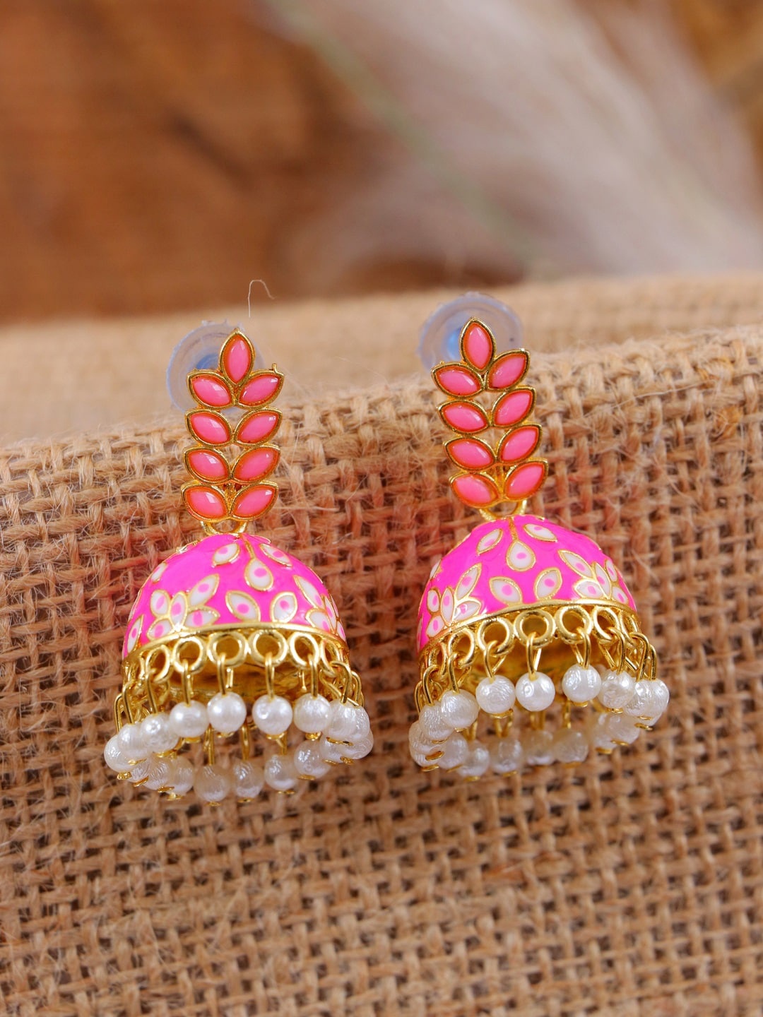 

Crunchy Fashion Pink & Off White Dome Shaped Jhumkas Earrings