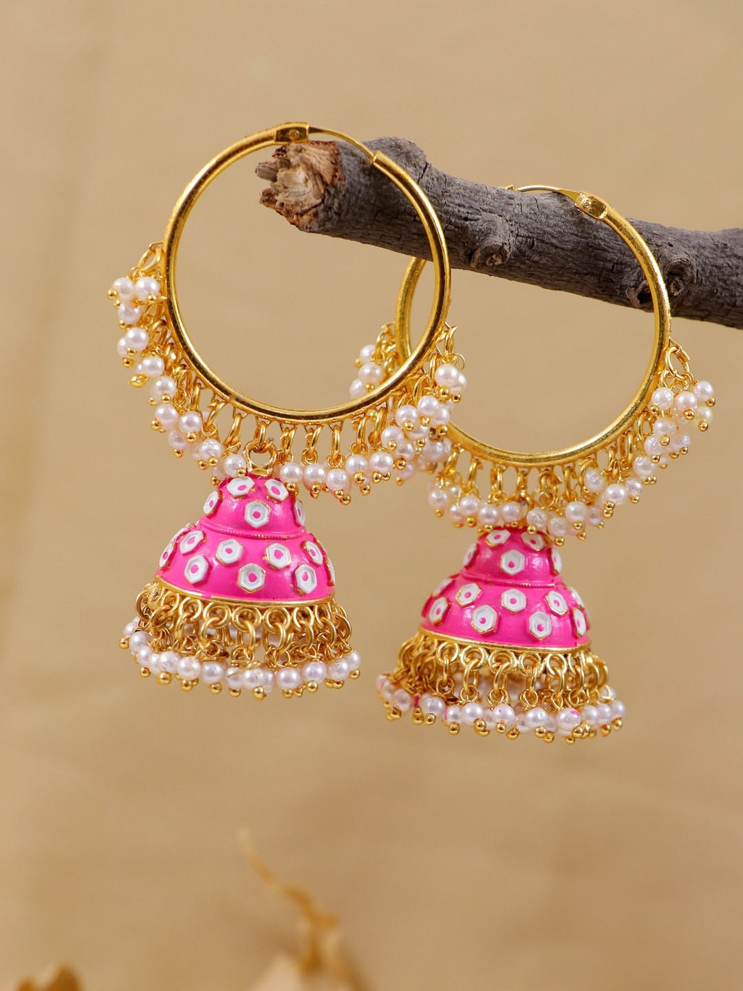 

Crunchy Fashion Gold-Plated & Pink Handcrafted Dome Shaped Jhumkas