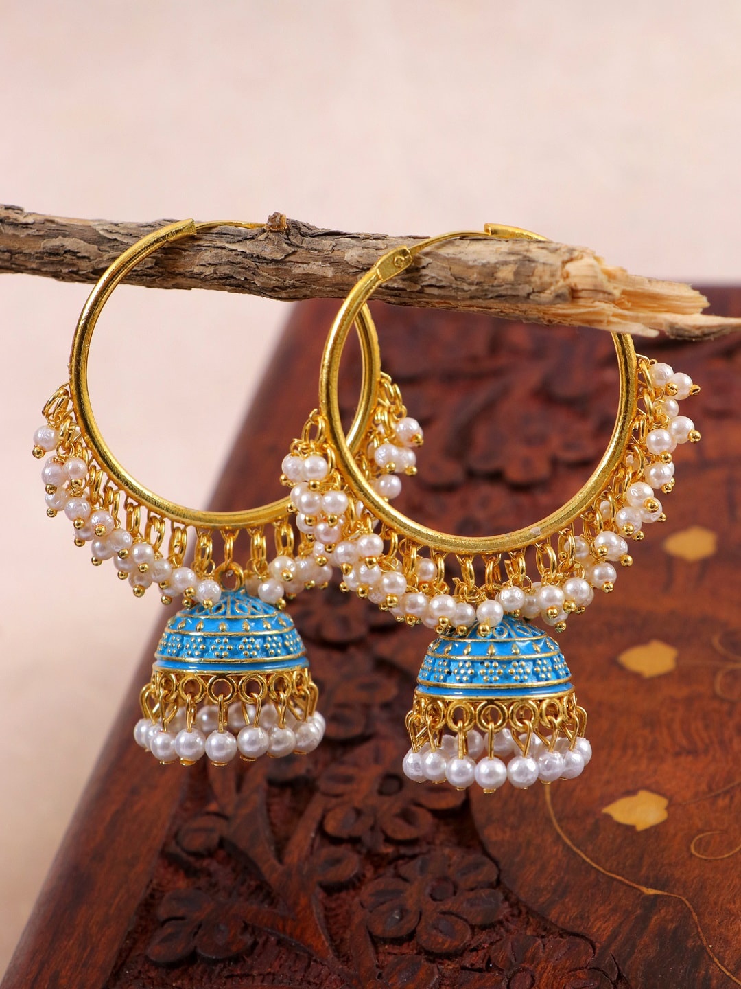 

Crunchy Fashion Blue Gold-Plated Contemporary Meenakari Jhumkas