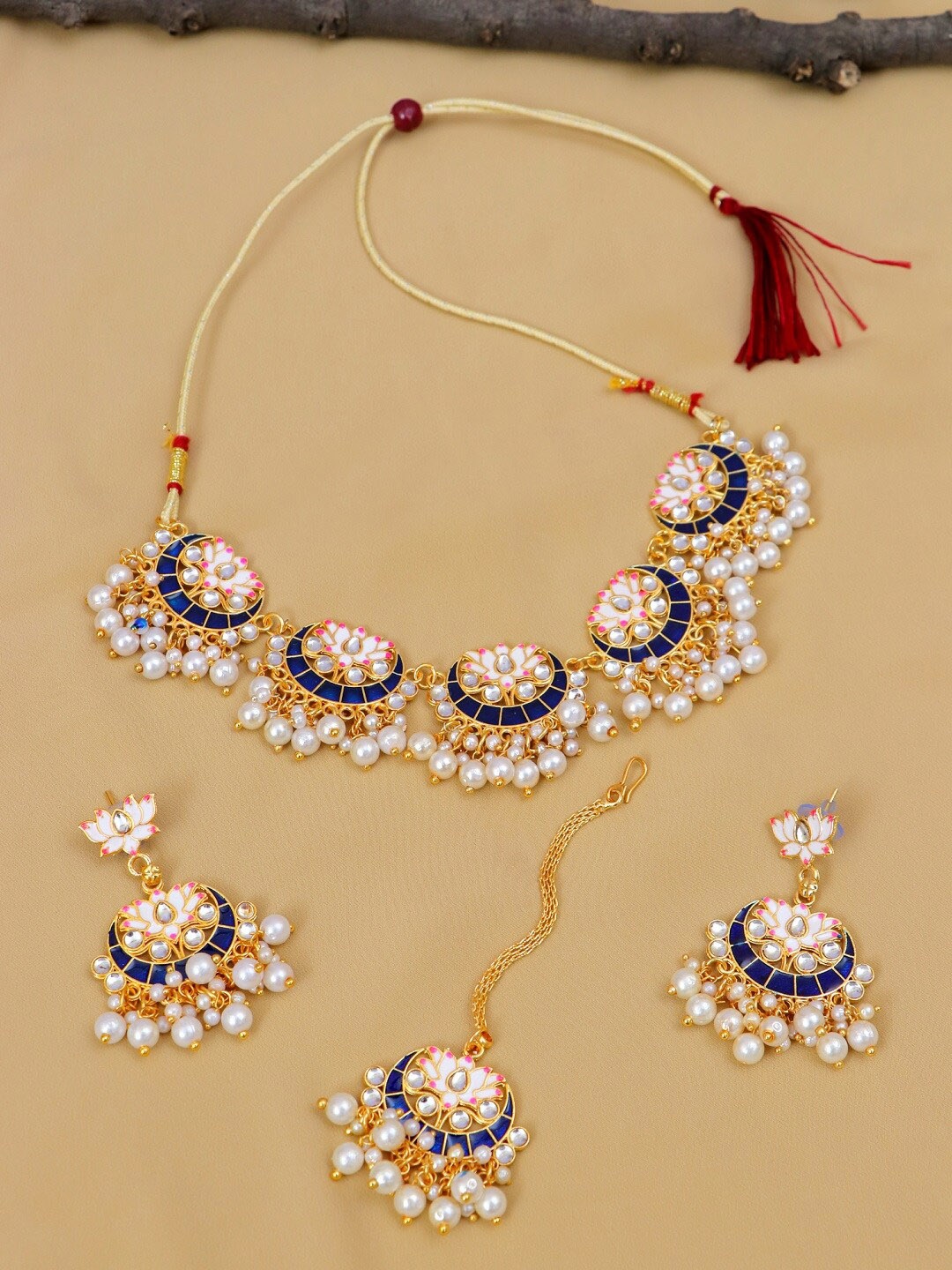 

Crunchy Fashion Gold-Plated White & Blue Stone-Studded & Beaded Meenakari Jewellery Set