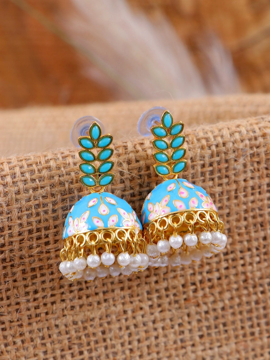 

Crunchy Fashion Blue & Gold-Toned Dome Shaped Jhumkas Earrings