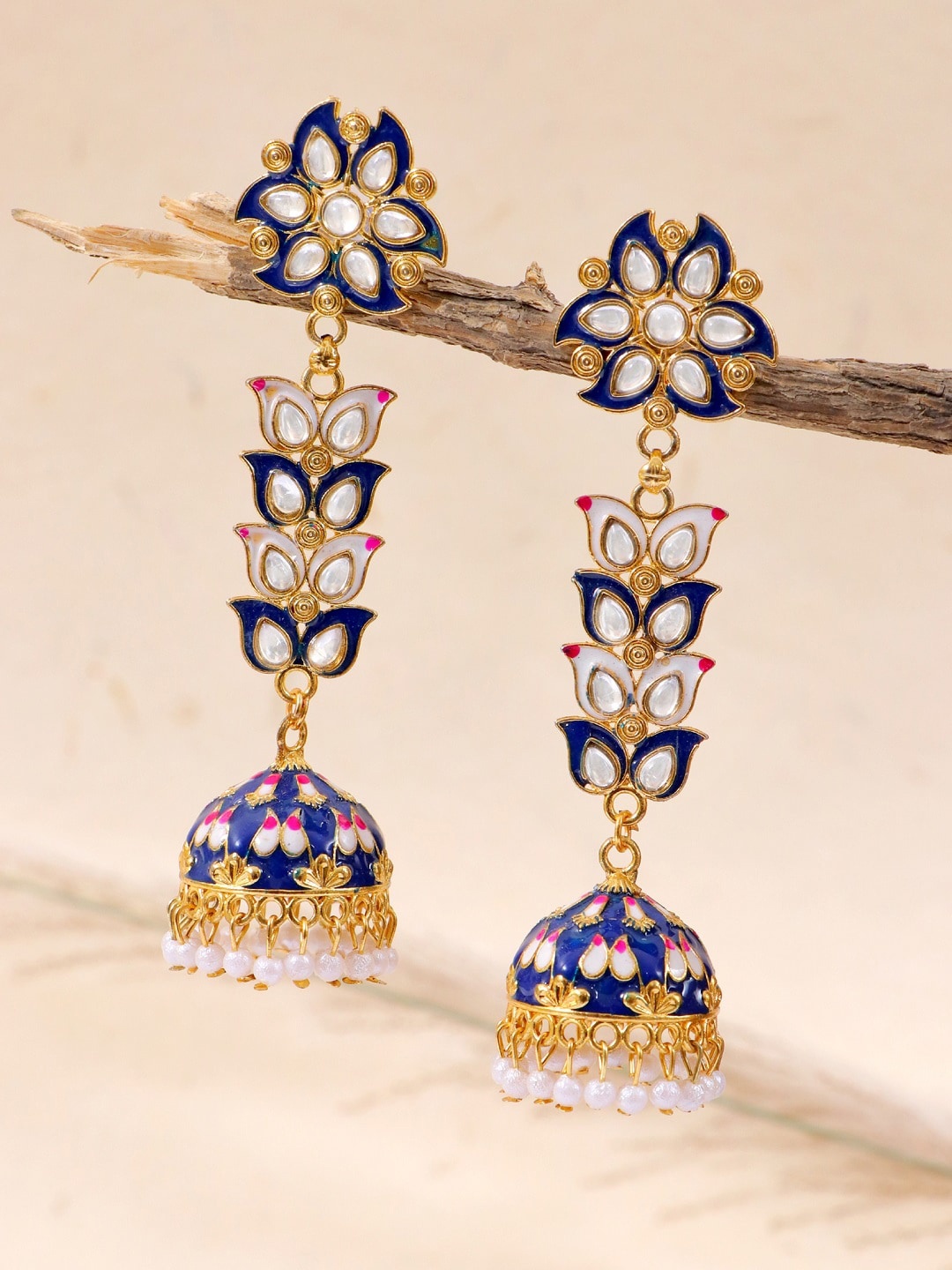 

Crunchy Fashion Blue Gold-Plated Meenakari Contemporary Jhumkas