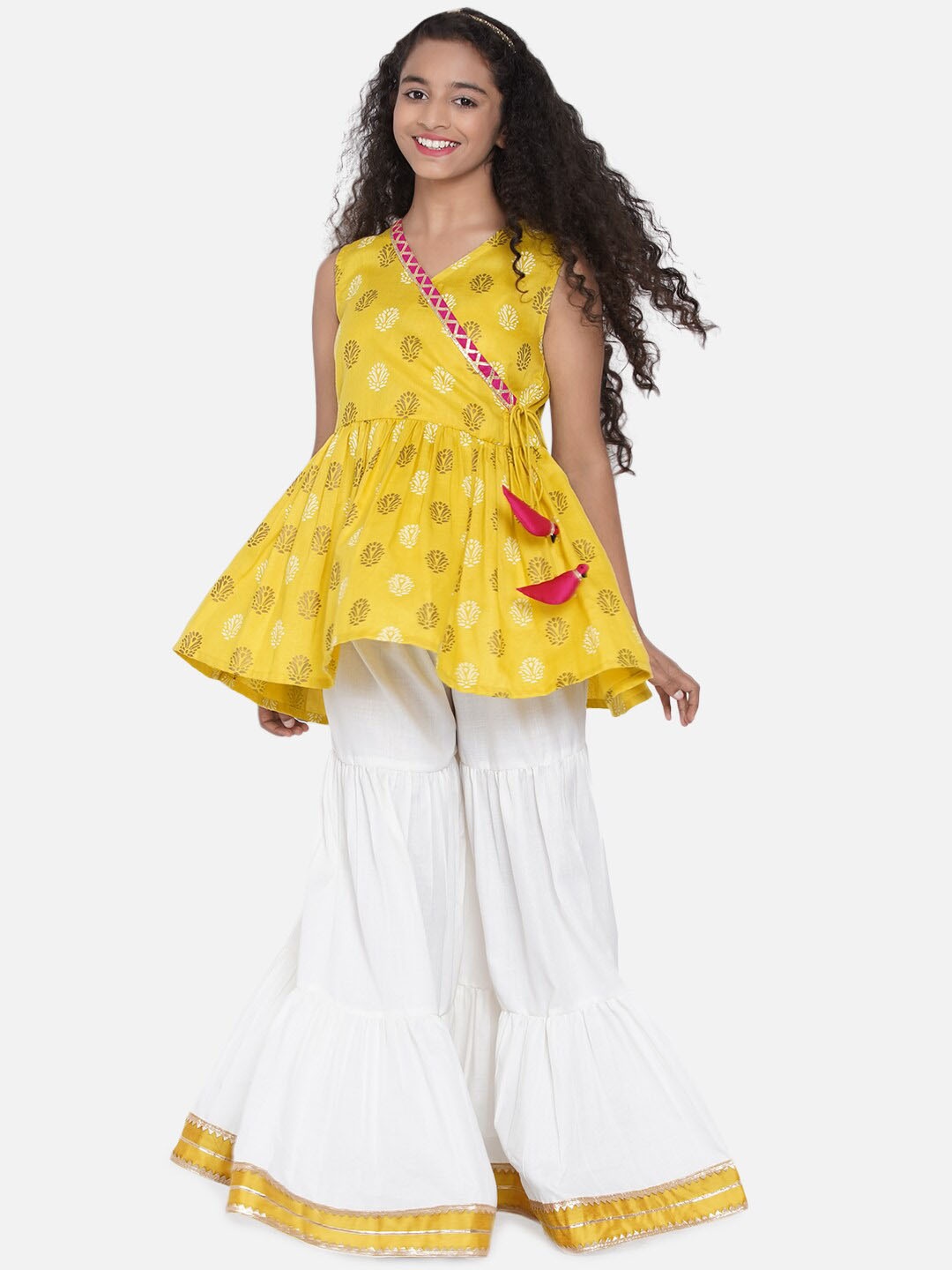 

Bitiya by Bhama Girls Mustard Yellow Floral Printed Angrakha Kurti with Sharara