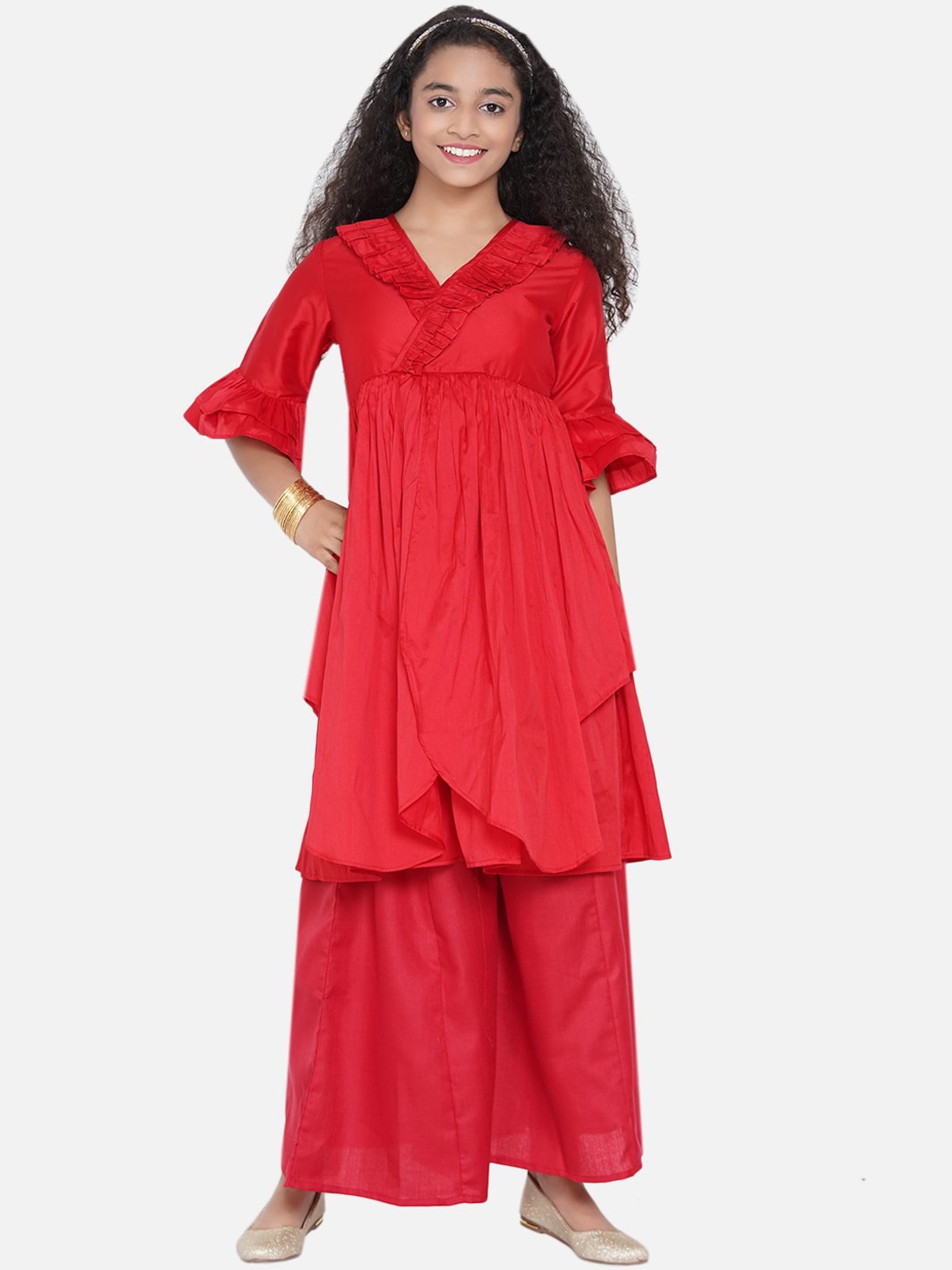 

Bitiya by Bhama Girls Red Pleated Asymmetric Kurta with Palazzos