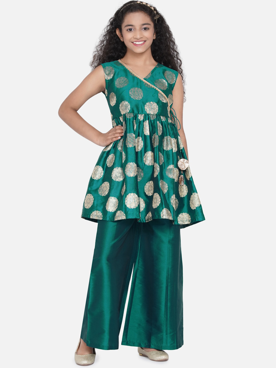 

Bitiya by Bhama Girls Green Ethnic Motifs Printed Angrakha Kurti with Palazzos