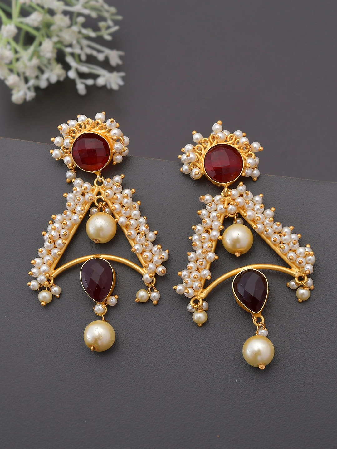 

Silvermerc Designs Gold-Toned Pearl Studded Contemporary Drop Earrings