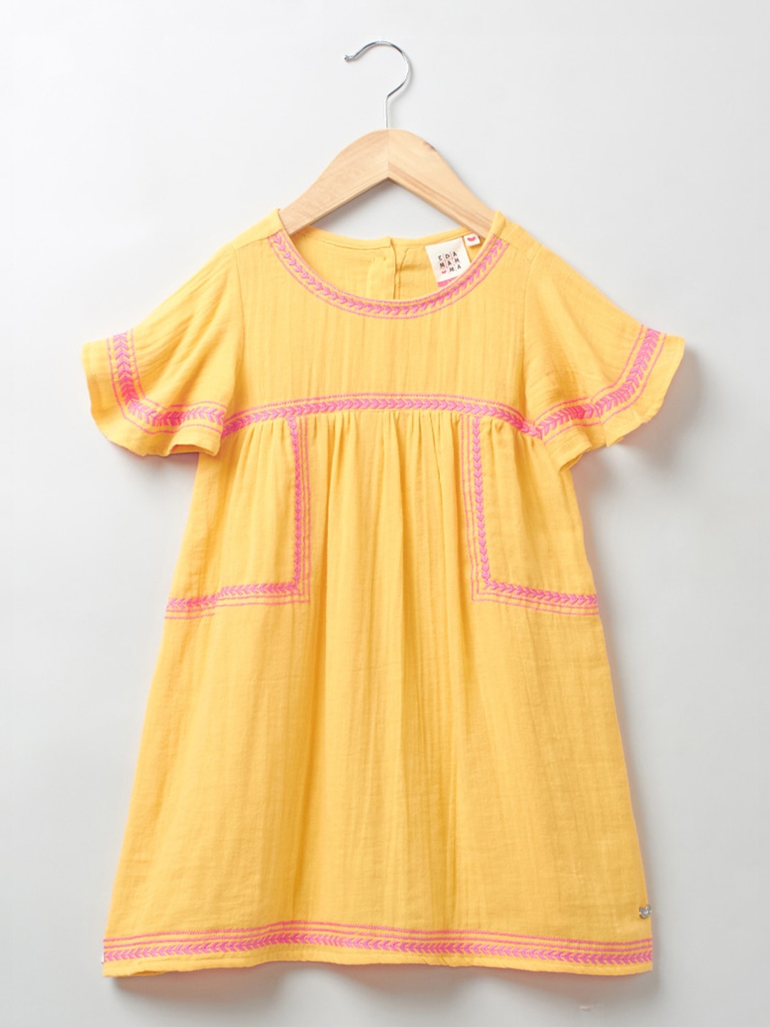 

Ed-a-Mamma Yellow & Pink Embellished Embroidered Pure Cotton Empire Dress