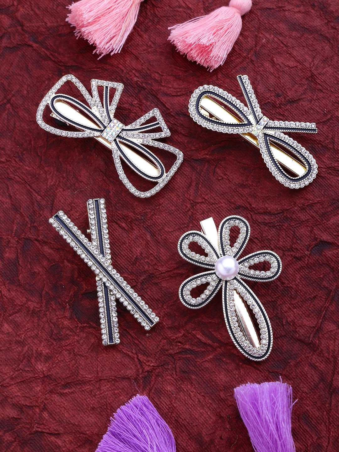 

Yellow Chimes Women White Set of 4 Embellished Alligator Hair Clip