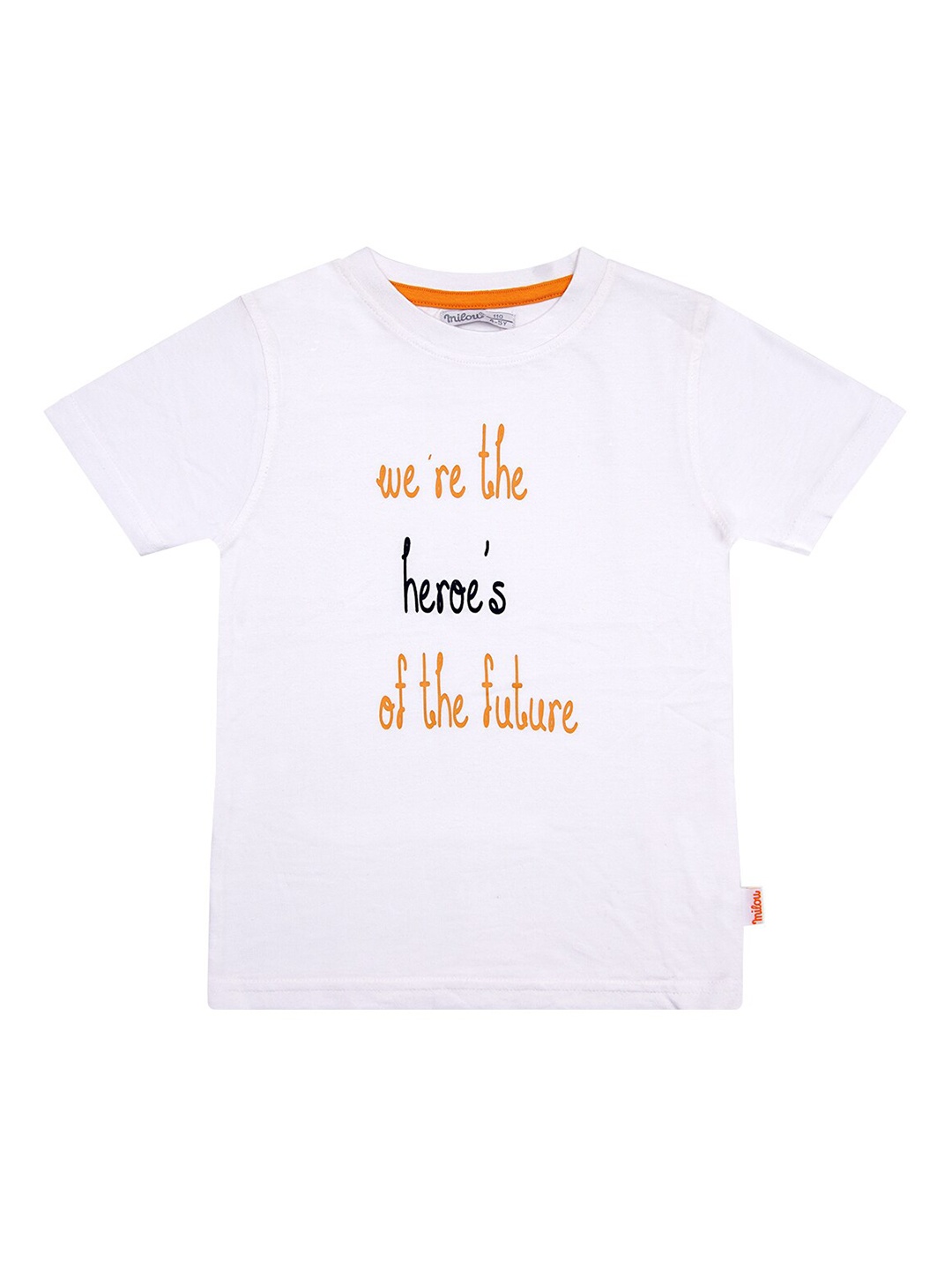 

milou Boys White & Orange Typography Printed Cotton T-shirt