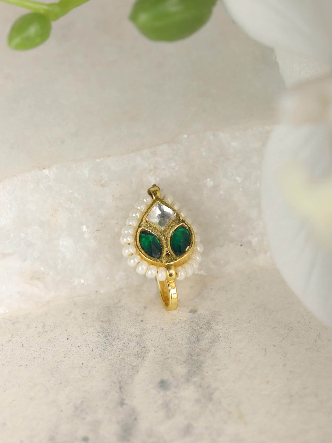 

Priyaasi Gold-Plated Green Emerald Studded & White Pearls Beaded Nose Pin
