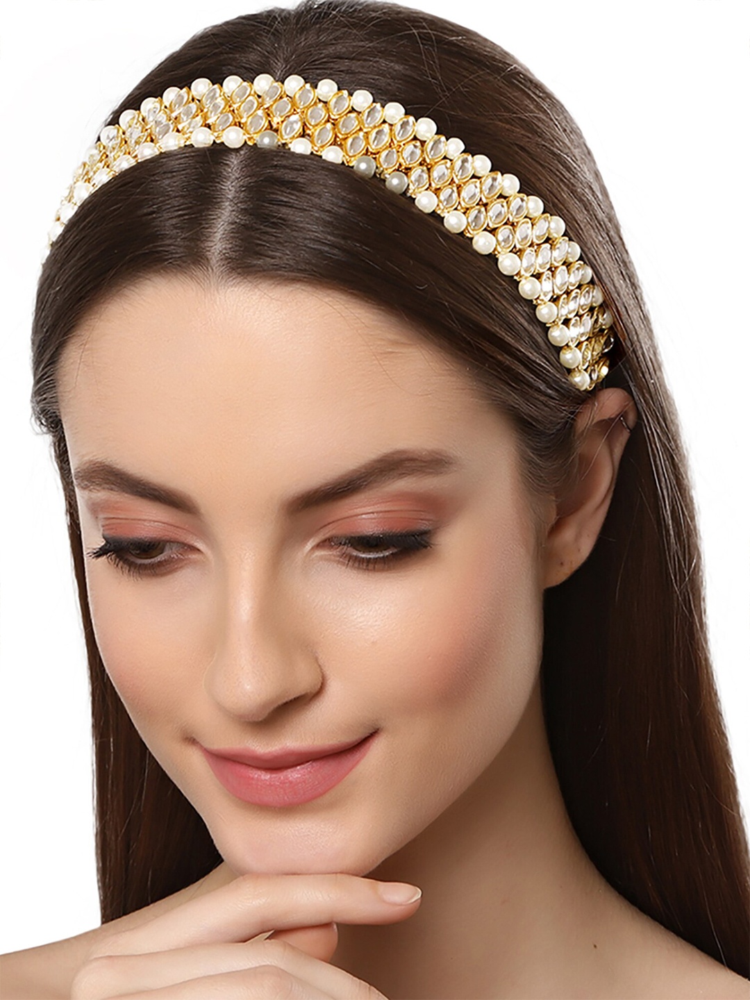 

KARATCART Women Gold-Toned Kundan and Pearl Embellished Hairband