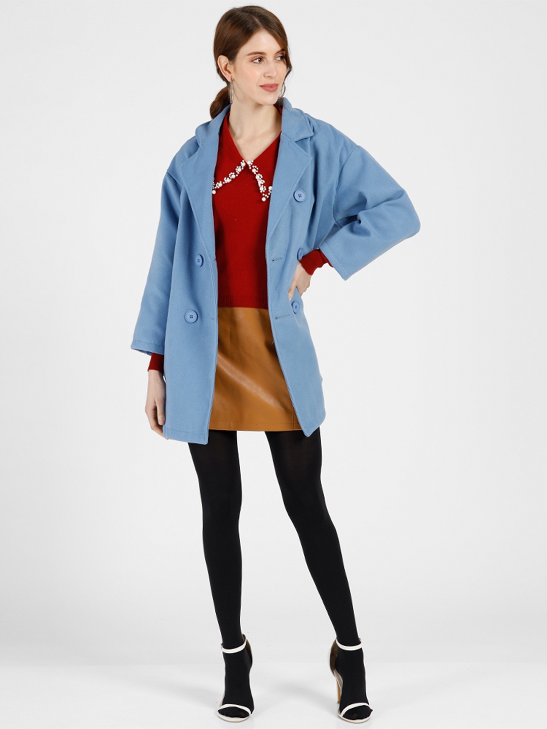 

iki chic Women Blue Solid Pure Cotton Double-Breasted Casual Blazer