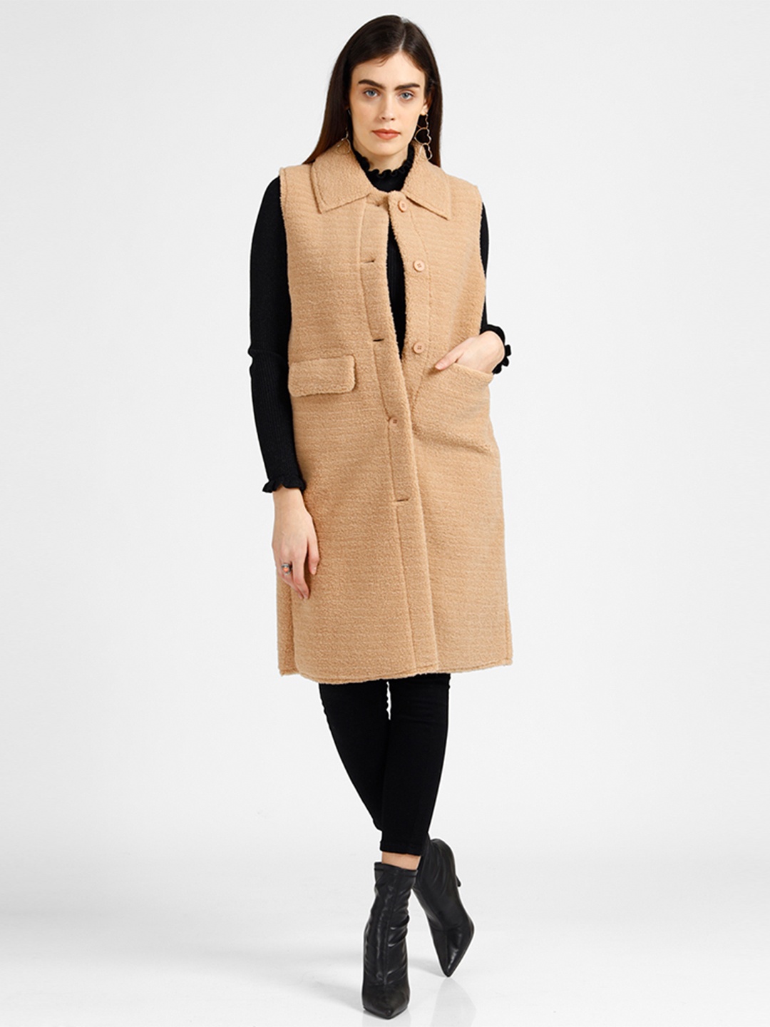 

iki chic Women Cream-Coloured Solid Pure Cotton Suede Knee Length Over-Coat