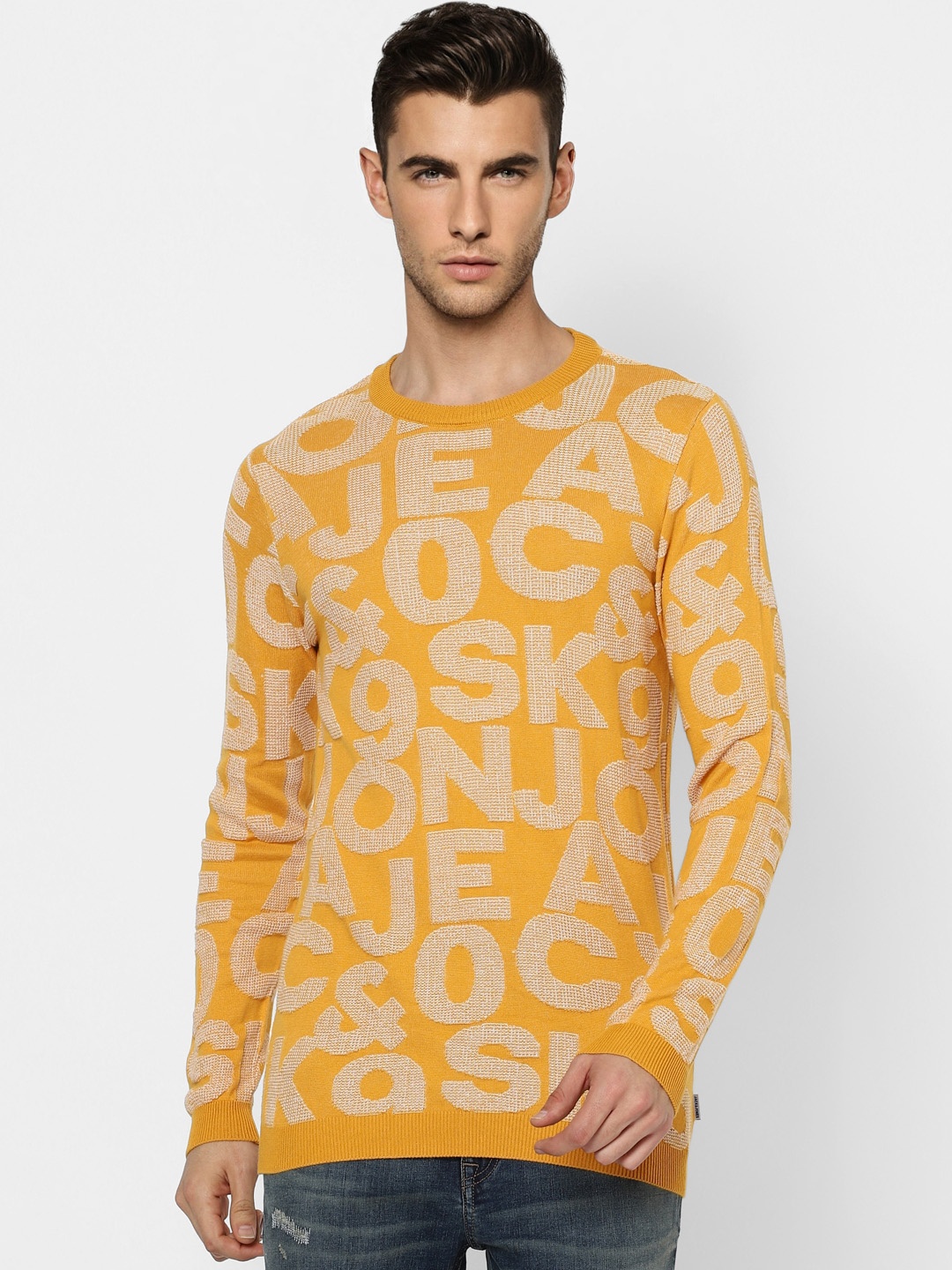 

Jack & Jones Men Yellow & Beige Typography Printed Pullover