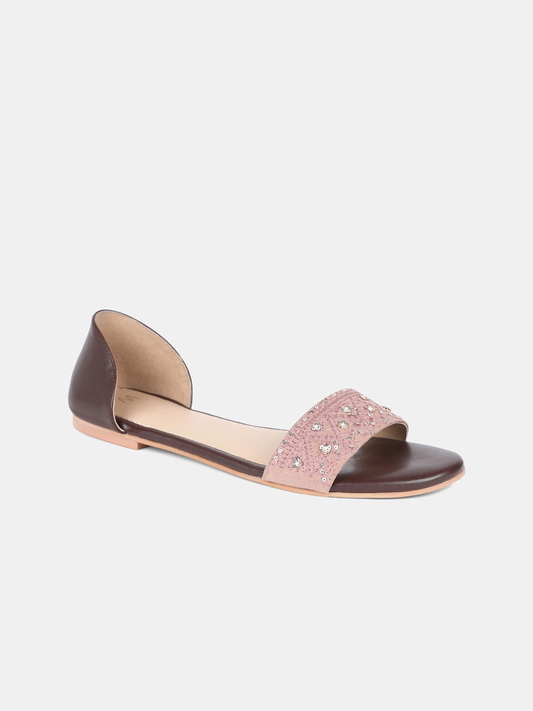 

W Women Brown Embellished Leather Party Open Toe Flats