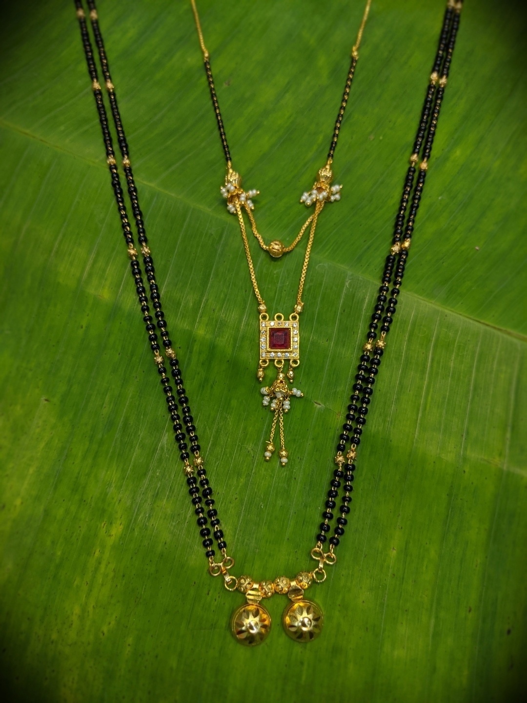 

Digital Dress Room Set Of 2 Micro Gold-Plated Black & Red Beaded & CZ-Studded Mangalsutra