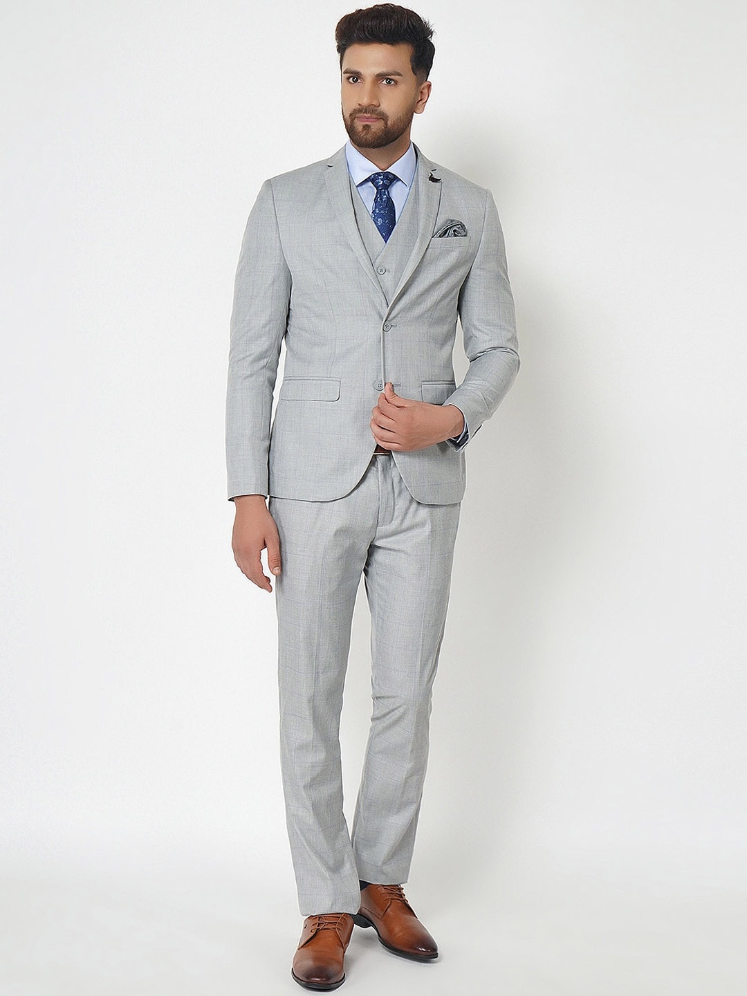 

Blackberrys Men Grey Self-Design Single-Breasted Slim-Fit Three-Piece Suit
