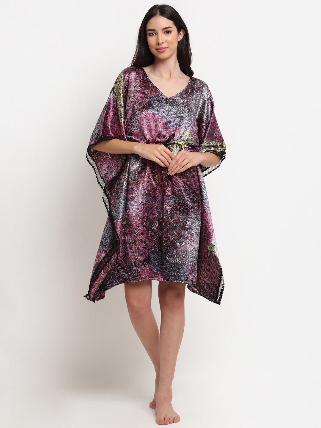 

EROTISSCH Women Purple & Pink Printed Satin Kaftan