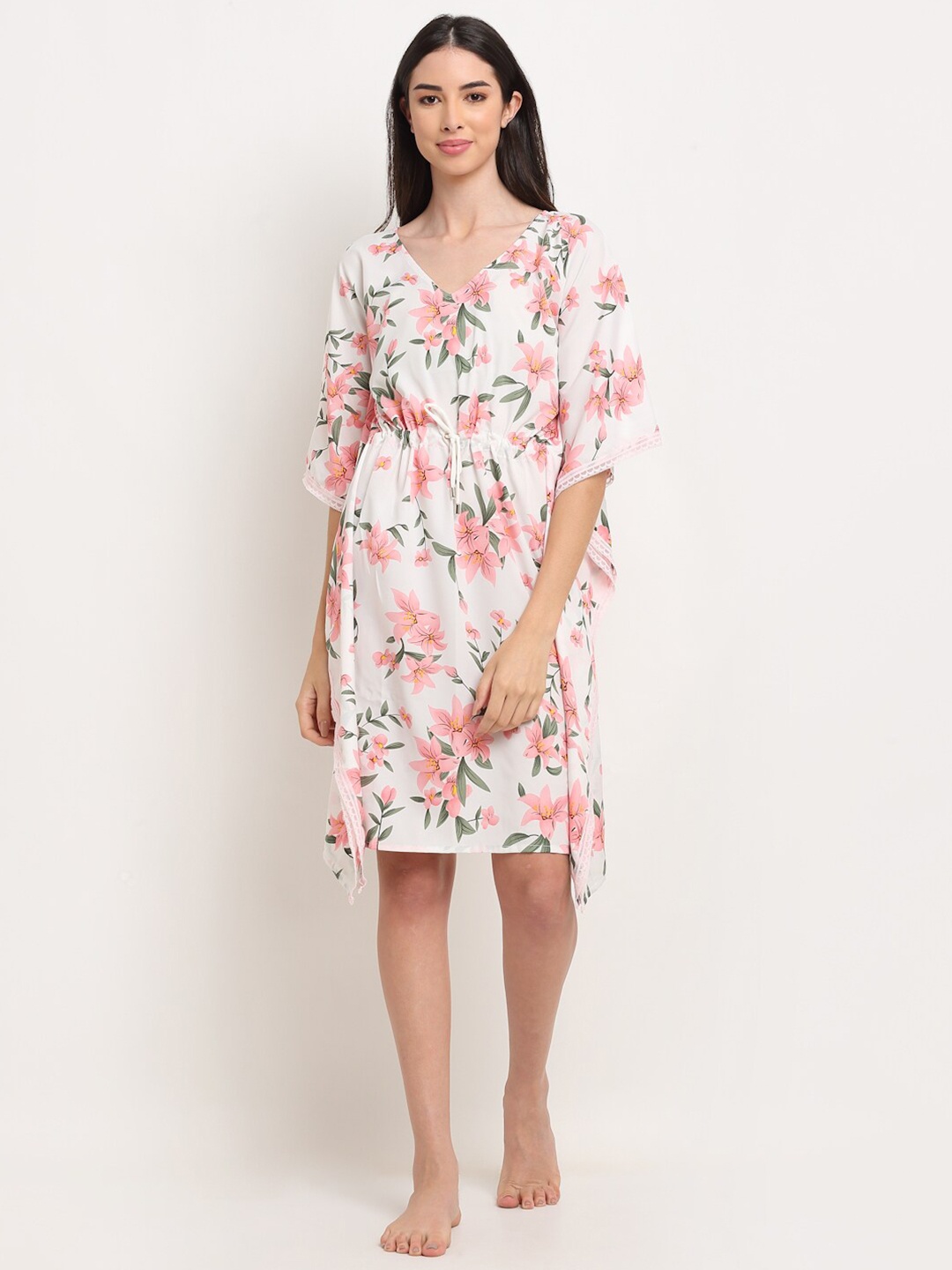 

EROTISSCH White Floral Printed Kaftan Nightdress