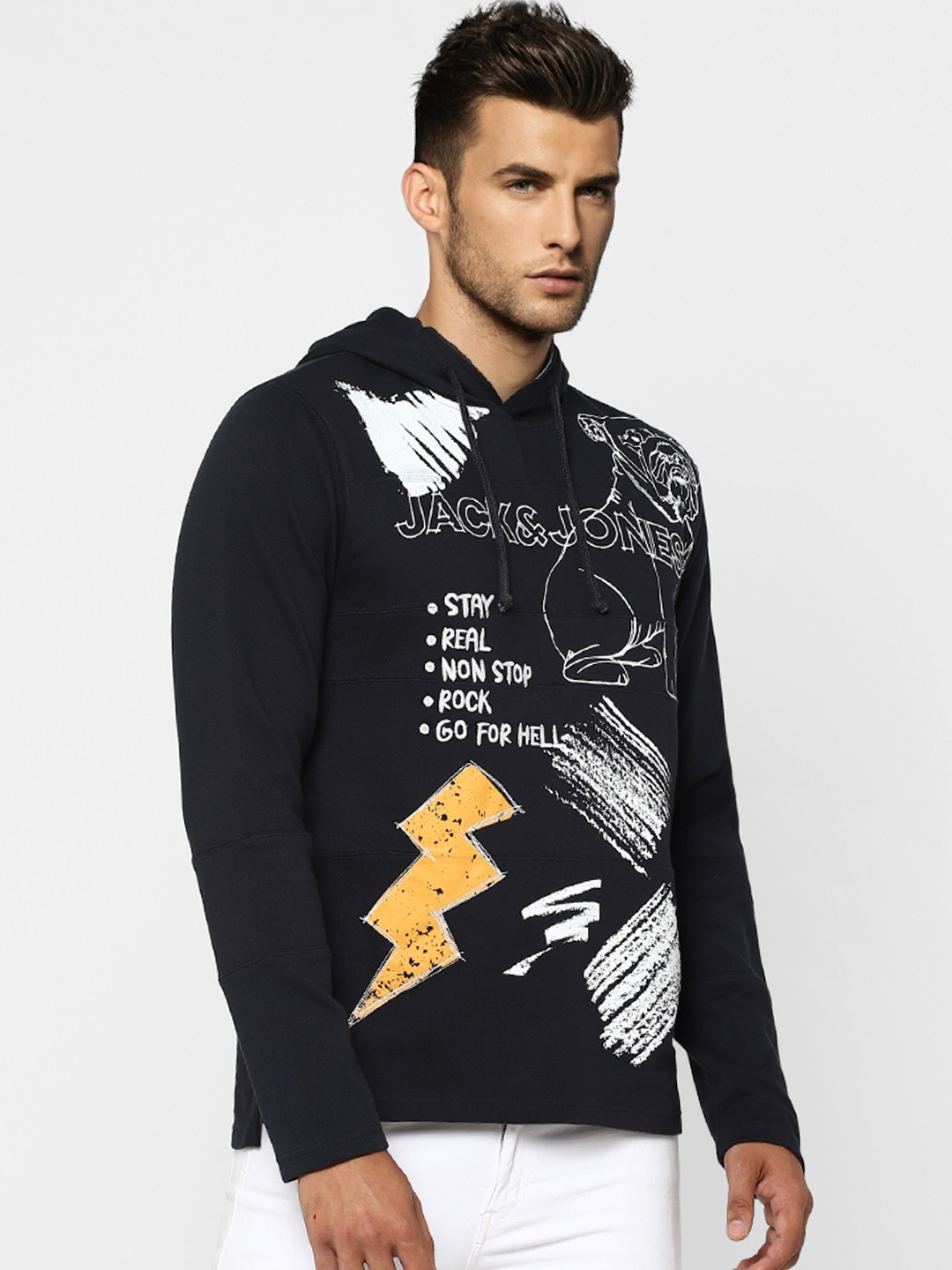 

Jack & Jones Men Navy Blue Printed Cotton Hooded Sweatshirt
