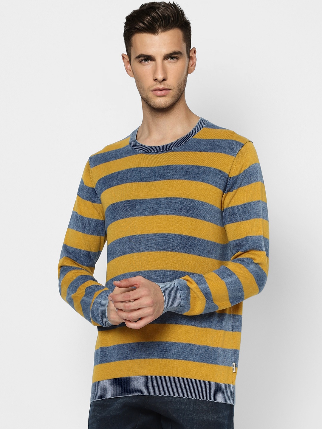 

Jack & Jones Men Yellow & Blue Striped Pullover