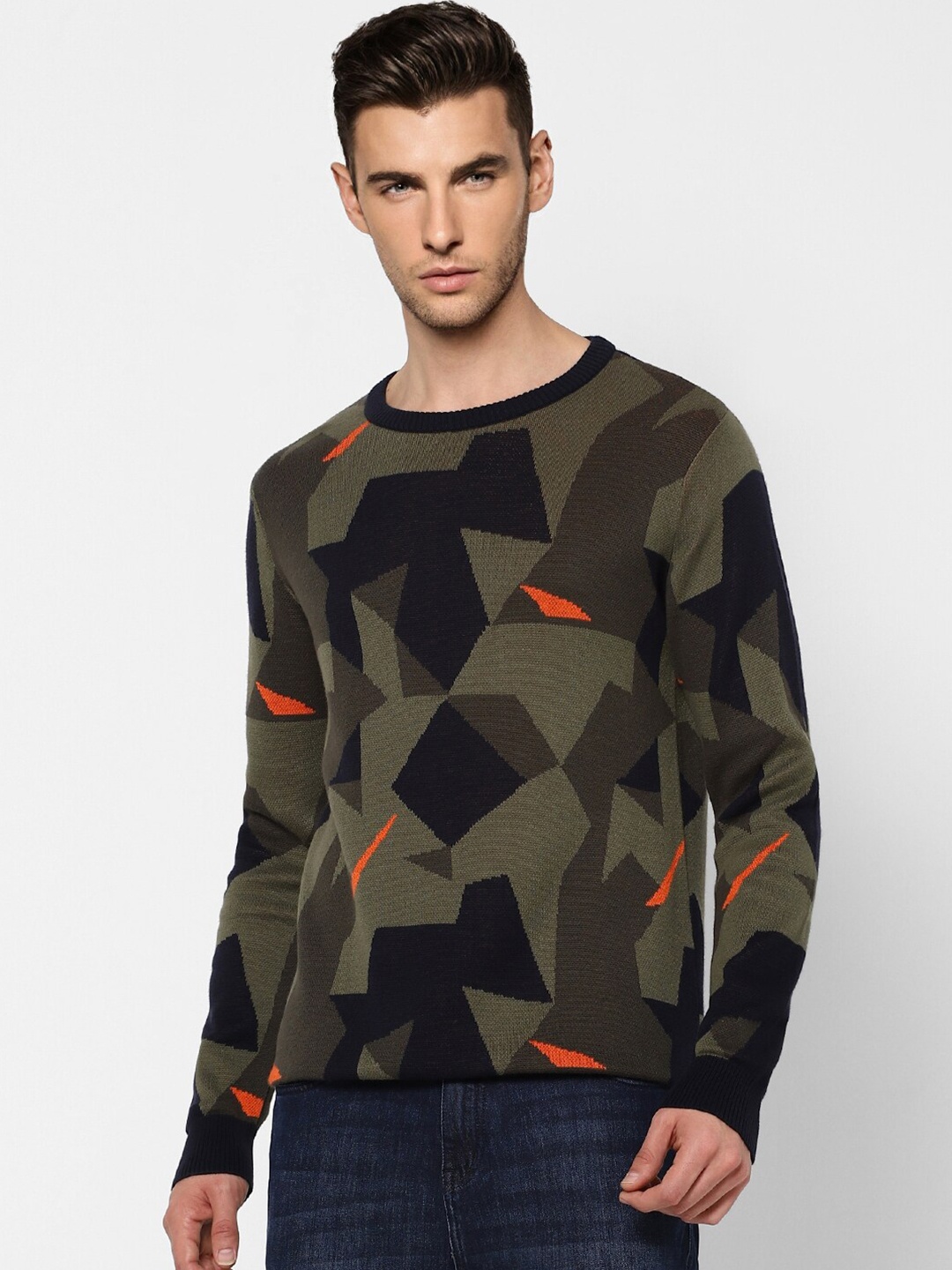

Jack & Jones Men Olive Green & Black Printed Pullover