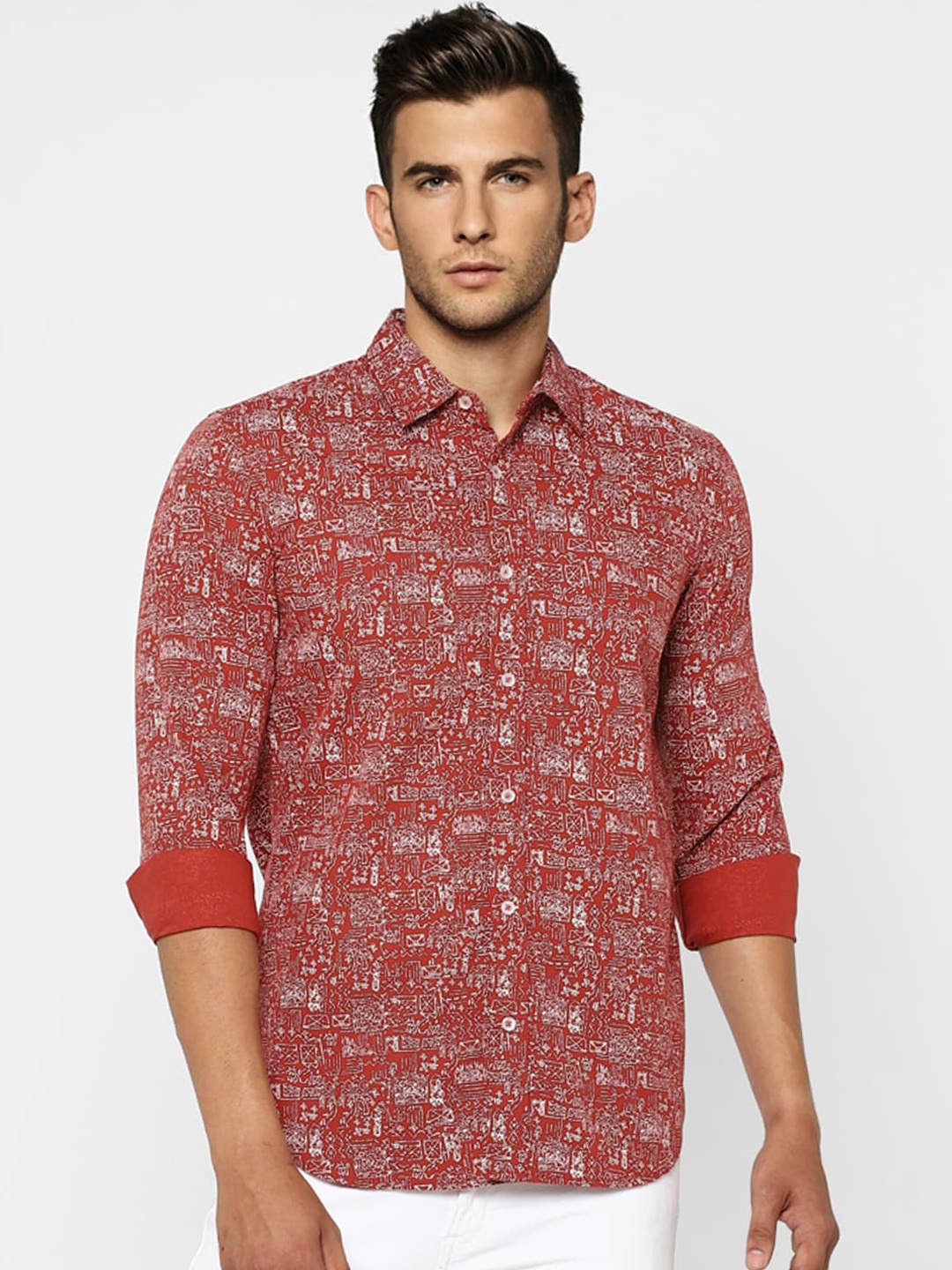 

Jack & Jones Men Red Slim Fit Opaque Printed Cotton Casual Shirt