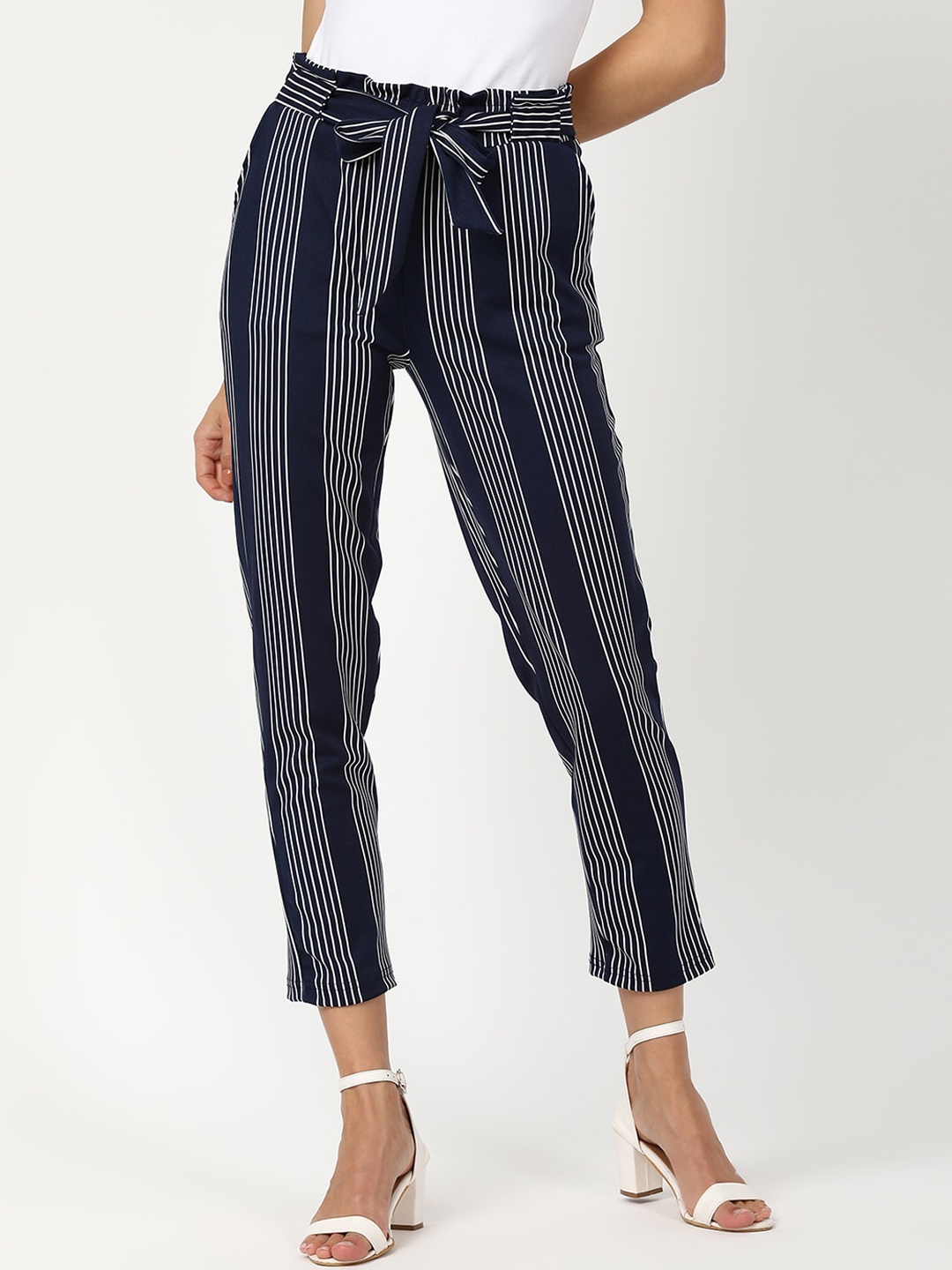 

V2 Value & Variety Women Navy Blue Striped Tapered Fit High-Rise Trousers