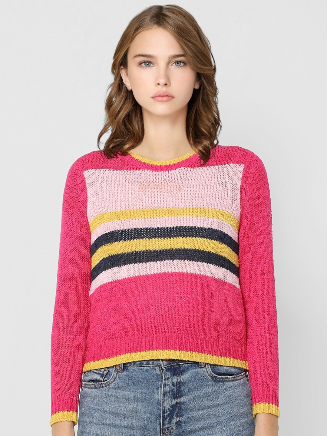 

ONLY Women Pink & Yellow Colourblocked Crop Pullover